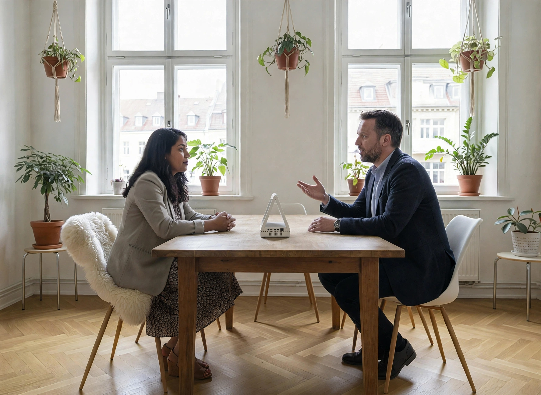 Two people conversing across a table with the Dual Translator between them